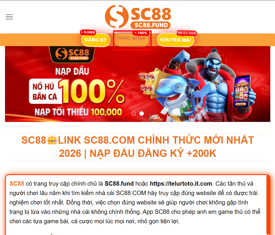Nút "Đăng nhập" tại trang chủ SC88 phiên bản mobile
