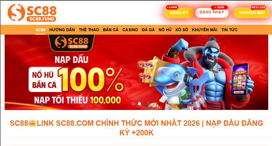 Giao diện trang chủ chính hãng của SC88 com